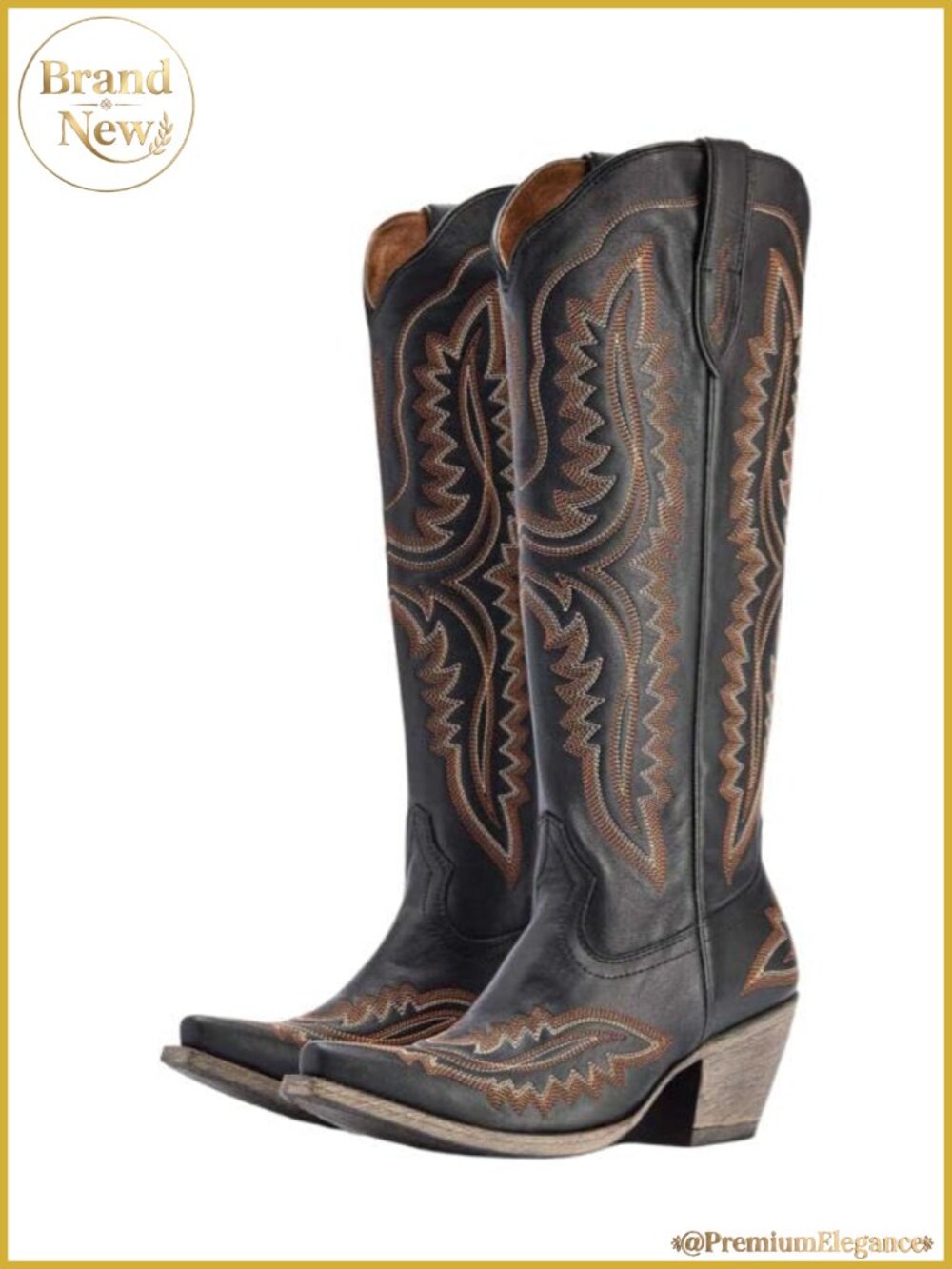 Women's Knee High Cowgirl Boots Embroidered Chunky Heel Snip Toe Side Zipper